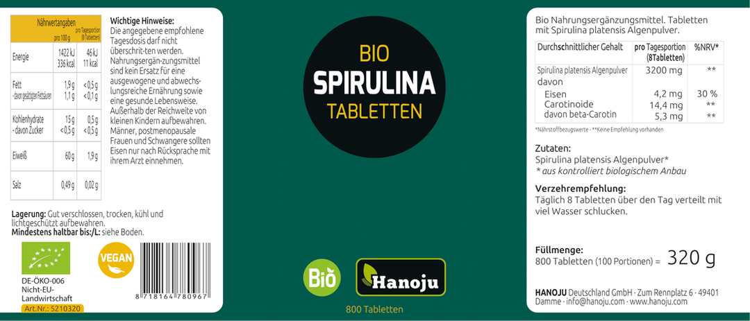 Bio Spirulina 400 mg, 800 Tabletten