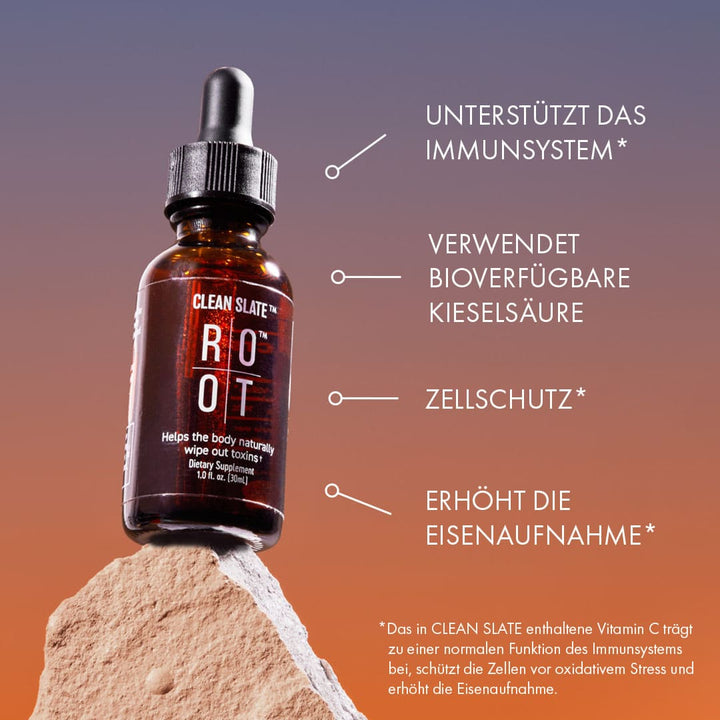 ROOT Clean Slate – das Original aus den USA. Flüssiges Siliziumdioxid mit Vitamin C zur sanften Entgiftung. Bioverfügbar, einfach dosierbar und hochwertig hergestellt. Ideal für die tägliche Anwendung.